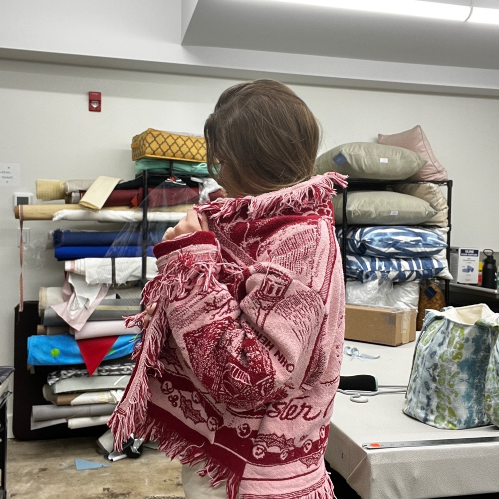 Red and Pink Vintage Graphic Fringe Blanket Jacket